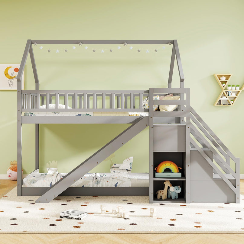 Giantex House Bunk Bed Twin Over Twin with Slide & Stairs for Kids Teens