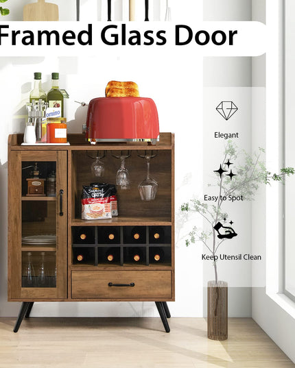 Giantex Buffet Sideboard with Drawer, Wine Cabinet for 8 Bottles, Glass Holder, 3 Tier Cupboard Tempered Glass Door (Rustic Brown & Black)