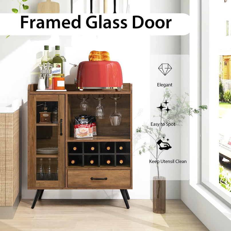 Giantex Buffet Sideboard with Drawer, Wine Cabinet for 8 Bottles, Glass Holder, 3 Tier Cupboard Tempered Glass Door (Rustic Brown & Black)