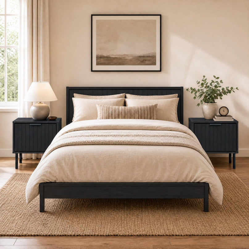 GIANTEX Black Modern Nightstand w/Vertical-Striped Storage Drawer