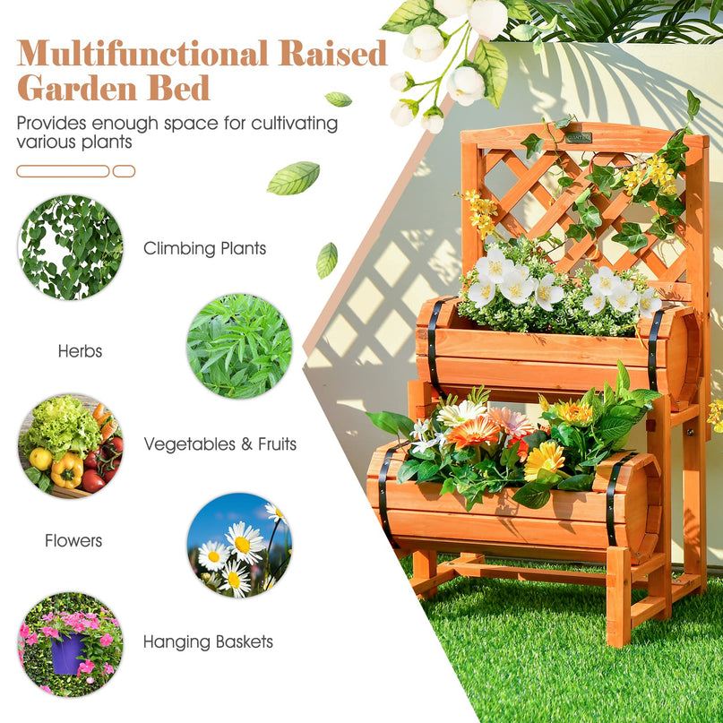 Giantex Raised Garden Bed with 2 Barrel Planters & Trellis, 2-Tier Freestanding Wooden Raised Bed for Vegetable Flower Fruit