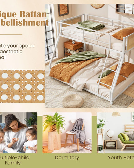 Giantex Twin Over Full Metal Bunk Bed Boho Rattan Floor Bunkbeds
