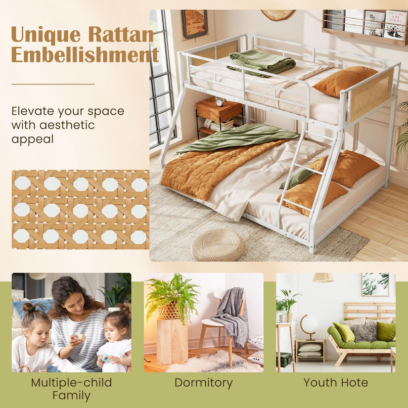 Giantex Twin Over Full Metal Bunk Bed Boho Rattan Floor Bunkbeds