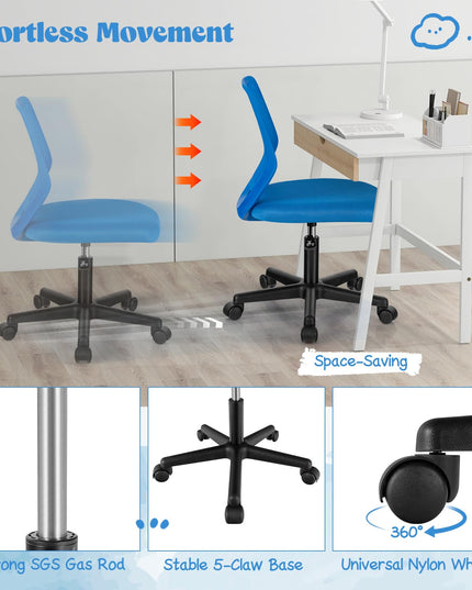 Giantex Kids Desk Chair, Armless Kids Computer Chair with Lumbar Support, Mesh Adjustable Swivel Study Chair with Wheels
