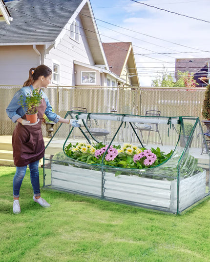 Giantex Galvanized Steel Raised Garden Bed with Mini Greenhouse, Outdoor Metal Planter Box Kit with Large Roll-up PVC Cover