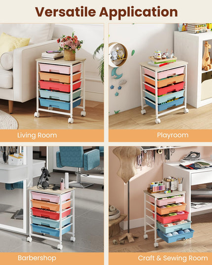 Giantex 5 Drawers Rolling Cart with Wheels Wood Top Sturdy Frame