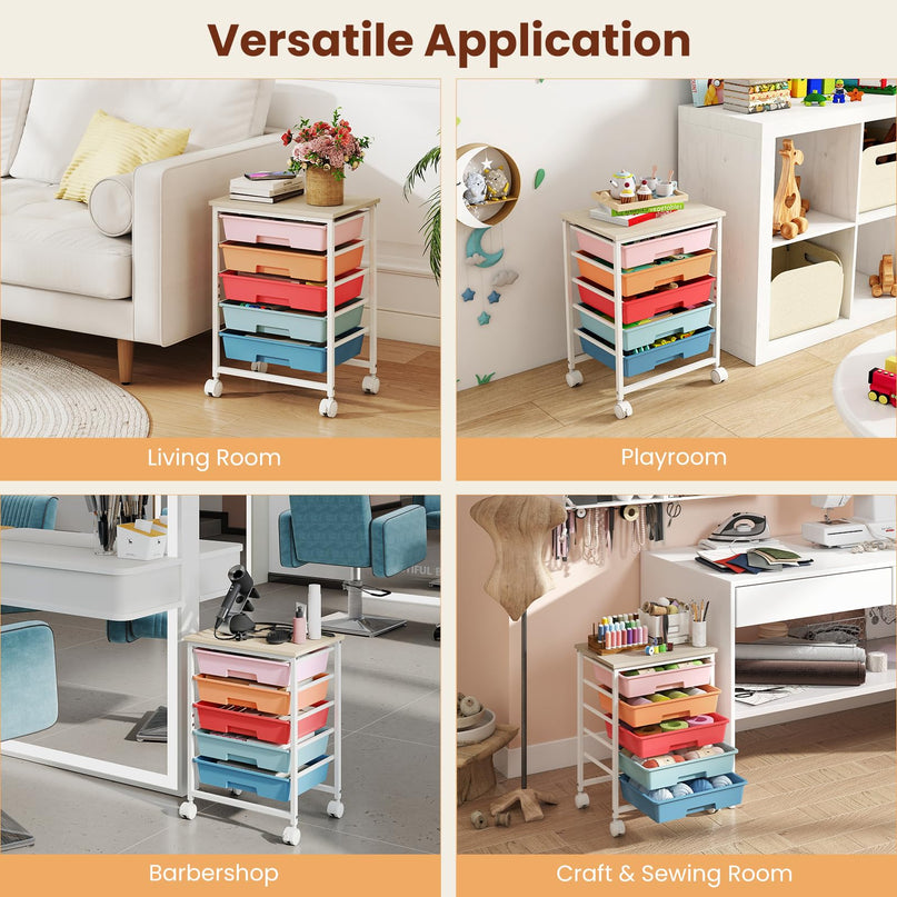 Giantex 5 Drawers Rolling Cart with Wheels Wood Top Sturdy Frame