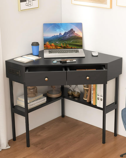 Giantex Corner Desk with Charging Station, 90 Degree Triangle Computer Desk with 2 Drawers & Storage Shelf