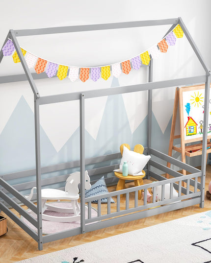 Giantex Twin Floor Bed with Fence, Wood Montessori Bed with Safety Guardrails and 80.5" High Roof Design