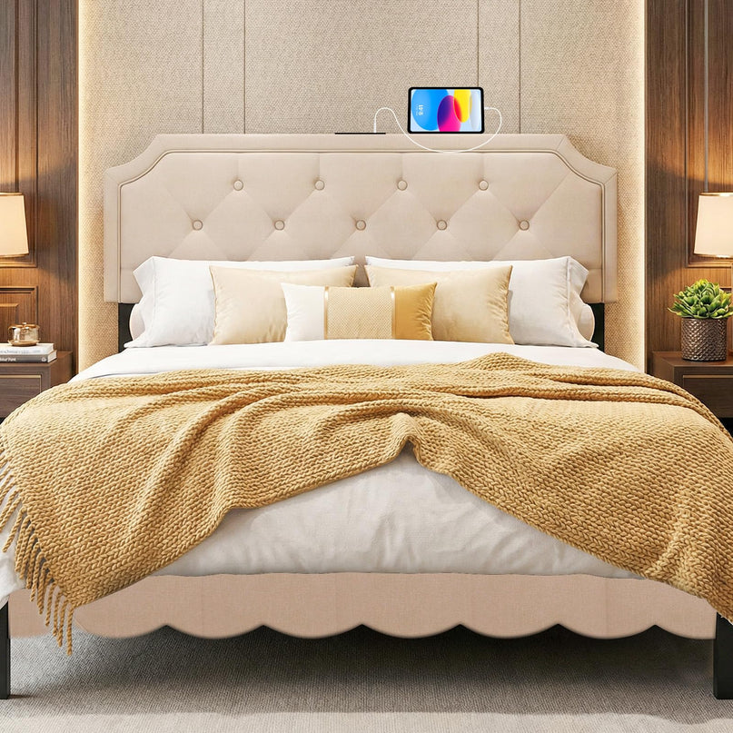 Tête de lit Giantex avec station de charge Grand lit/lit double (capitonnage à losanges avec station de charge)