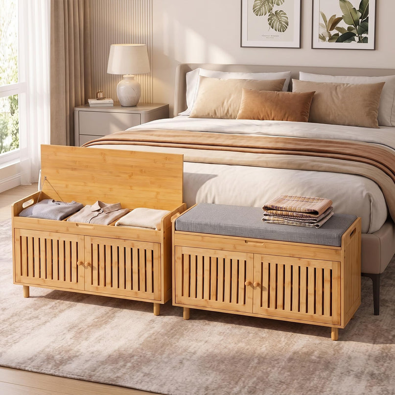GIANTEX 36" Bamboo Shoe Storage Bench with Lift Top & Cushion