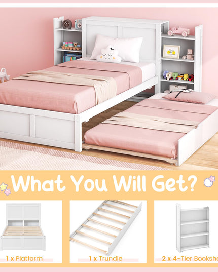 Giantex Full Bed Frame with Twin Trundle, Wooden Bed Wooden Bed Frame with 2 Rolling Bookcases & High Headboard