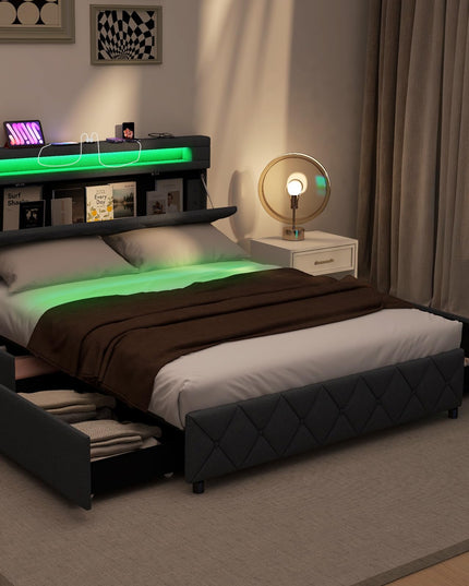Giantex Bed Frame with Storage Headboard and 4 Drawers, Modern Upholstered Platform Bed with Charging Station