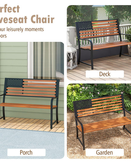 Giantex Outdoor Bench, 2-Person Metal Garden Bench with American Flag Backrest