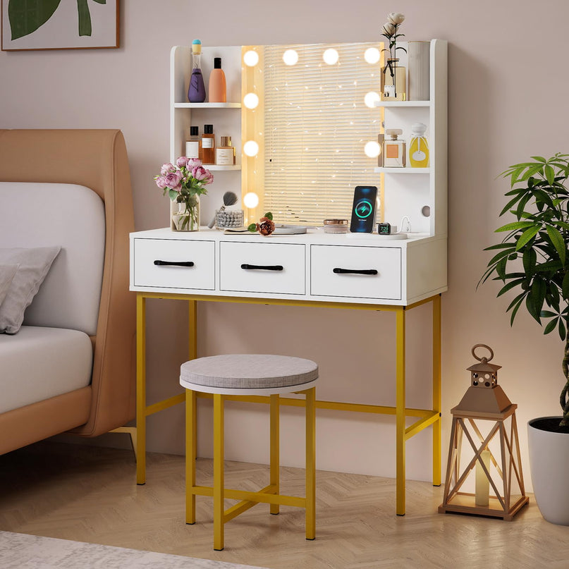 Makeup Vanity Desk with Lighted Mirror & Charging Station