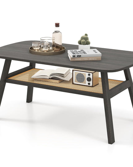 Giantex 2-Tier Mid Century Modern Rattan Coffee Table