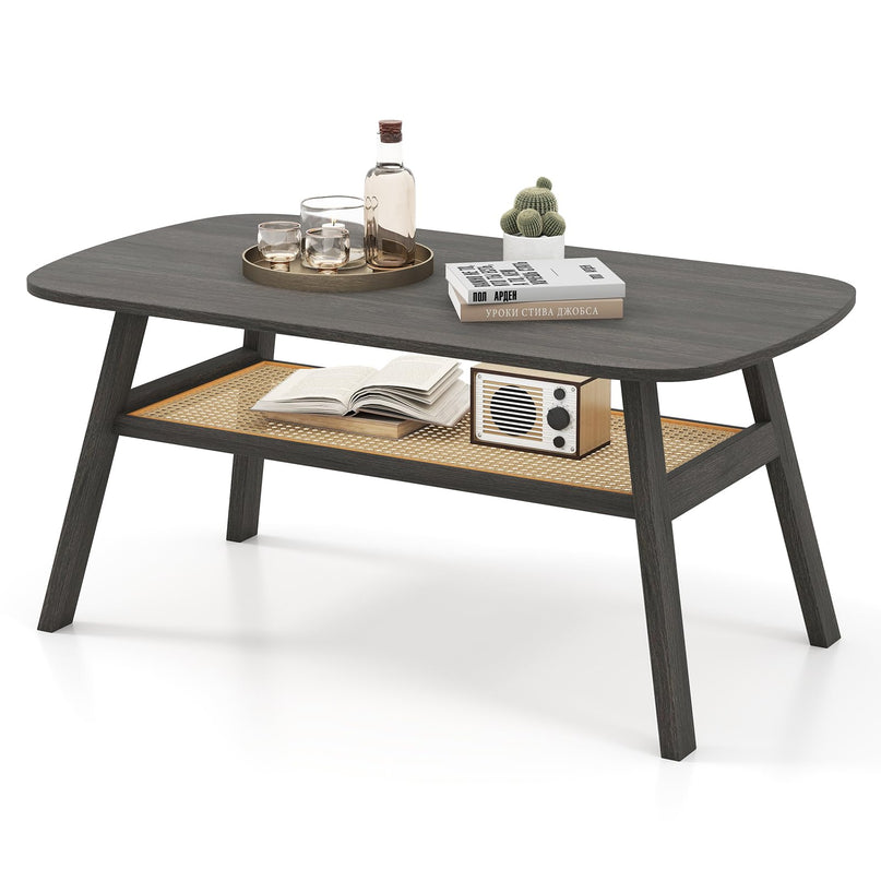 Giantex 2-Tier Mid Century Modern Rattan Coffee Table
