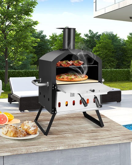 Giantex Outdoor Pizza Oven Wood Fired, 2-Layer Pizza Maker with Pizza Stone, Pizza Peel (Black)