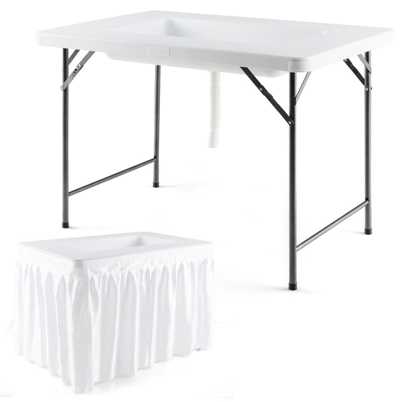 Giantex 4Ft Folding Ice Cooler Table with Drain - No Assembly Ice Bin Table with Edge and Removable Matching Skit