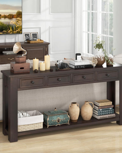 Giantex 63" Farmhouse Entryway Table, Narrow Console Table w/ 4 Storage Drawers & Open Shelf