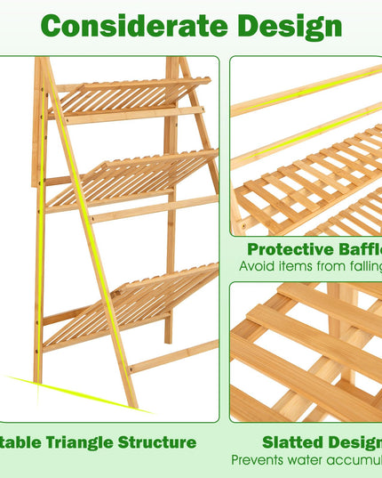 Giantex Plant Stand Indoor Outdoor - Bamboo 3-Tier Hanging Tall Ladder Flower Pot