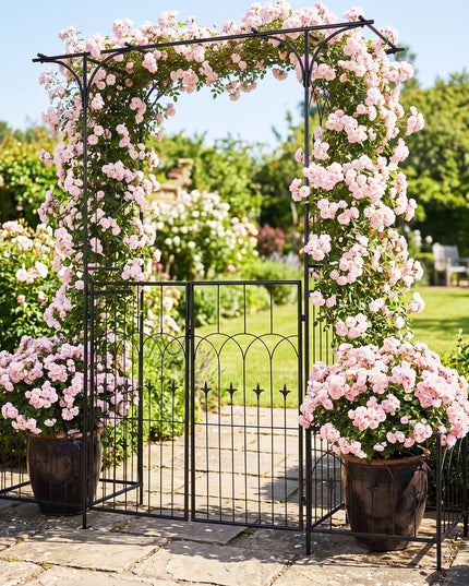 Giantex 79" W x 81" H Metal Garden Arbor with Gate and Planter