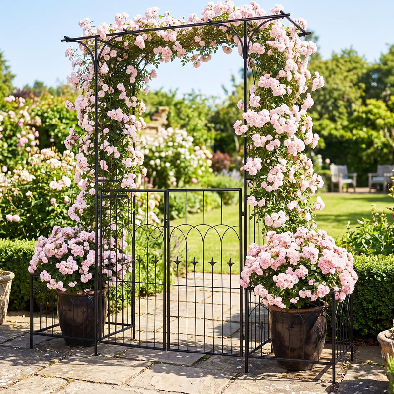 Giantex 79" W x 81" H Metal Garden Arbor with Gate and Planter