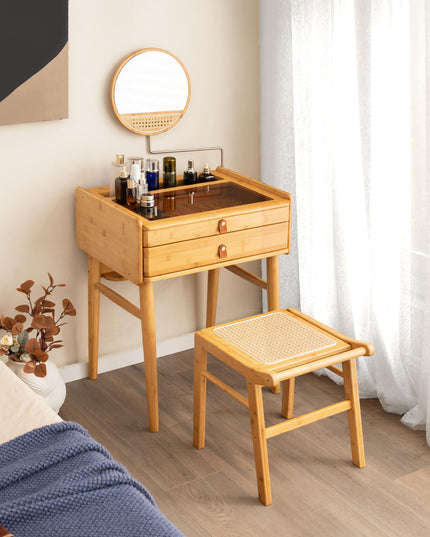 CHARMAID Vanity Stool, Bamboo Ottoman Foot Rest with Rattan Seat, Anti-Slip Foot Pads