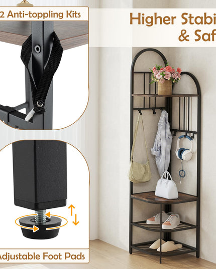 Giantex Corner Hall Tree, 71" Corner Coat Rack w/Shoe Storage Bench, 6 Removable Hooks, 4-Tier Entryway Shoes Shelf Organizer