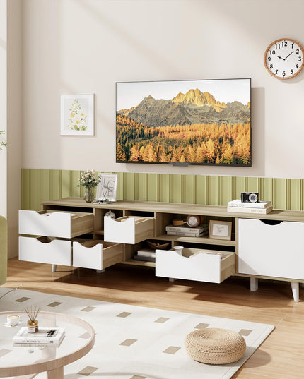 Giantex TV Stand for TVs up to 65”, Entertainment Center with 5 Drawers, 1 Cabinet, Television Stands for Bedroom, Oak