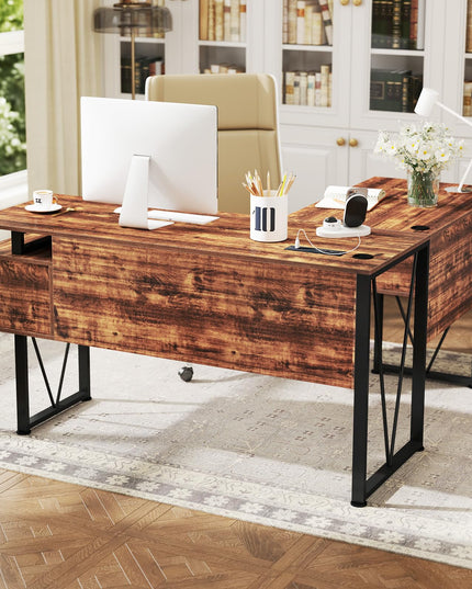 Giantex L Shaped Desk with Drawers, 59” Large Computer Desk with Power Outlet