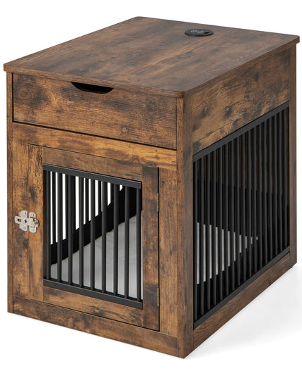 Giantex Dog Crate Furniture, Dog Kennel End Table with Chew-Proof Metal Fence, Lockable Door