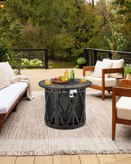 Giantex 32" Gas Fire Pit Table - 30,000 BTU Round Outdoor Fire Pit with Lid, PVC Cover, Glass Stones, Black