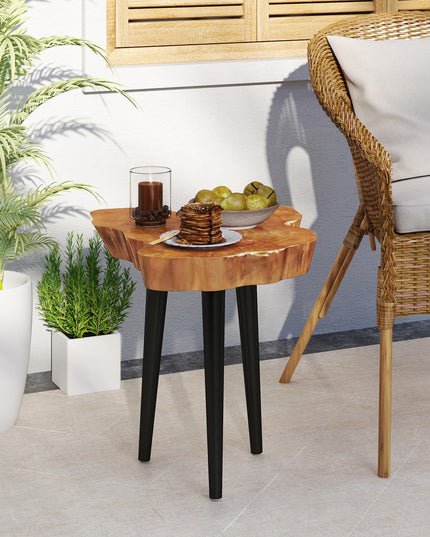 Giantex Teak Wood Outdoor Side Table - 18” End Table with Solid Live Edge, Irregular Tabletop, Mahogany Tapered Legs