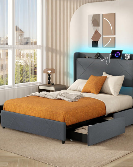 Giantex Full/Queen Size Bed Frame with 4 Storage Drawers & LED Lights, Headboard & Charging Station, Wooden Slats, Easy Assembly, Grey