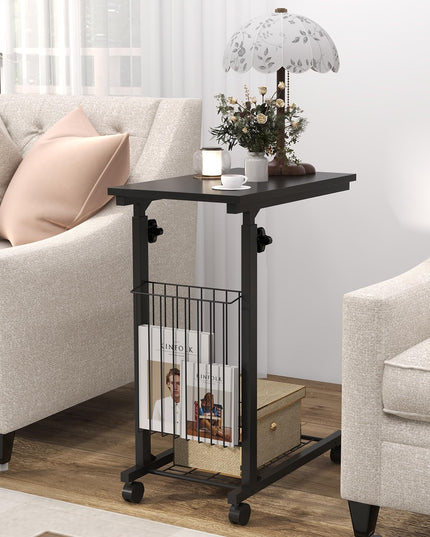 Giantex C Shaped End Table with Wheels, Height Adjustable Mobile Couch Snack Side Table with Storage Shelf