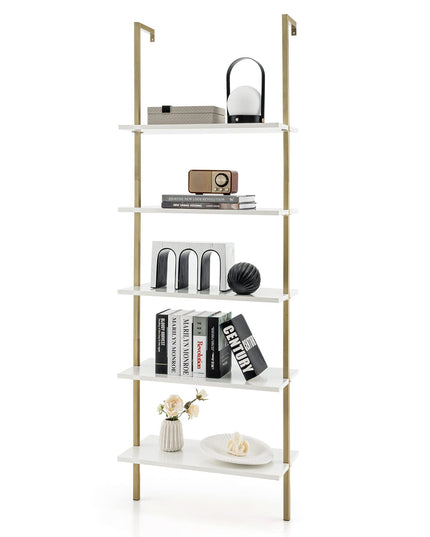 Giantex 5 Tier Modern Wall Mounted Bookshelf, 71'' White and Gold Wood Bookcase with Steel Frame