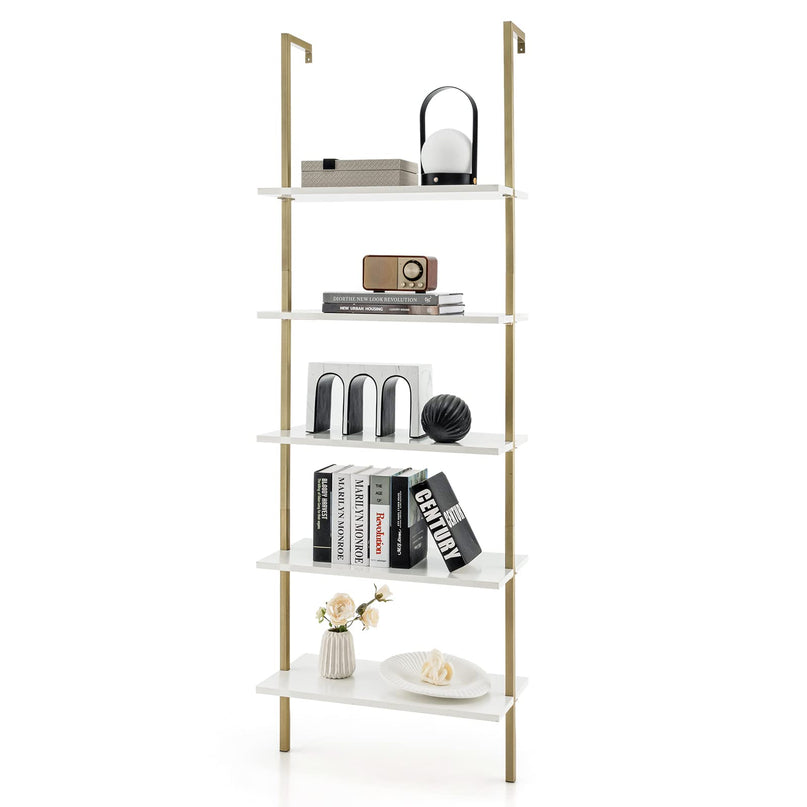Giantex 5 Tier Modern Wall Mounted Bookshelf, 71'' White and Gold Wood Bookcase with Steel Frame