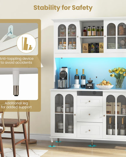 Giantex 73" Kitchen Pantry Cabinet, Kitchen Hutch Storage Cabinet with LED Lights and Charging Station