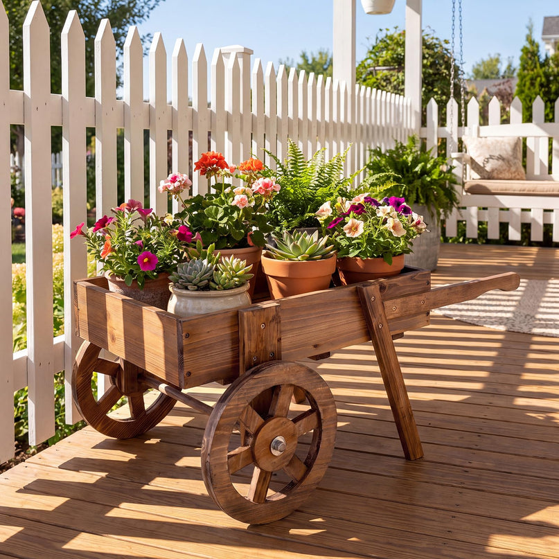 GIANTEX Wooden Wagon Planter Box with Wheels