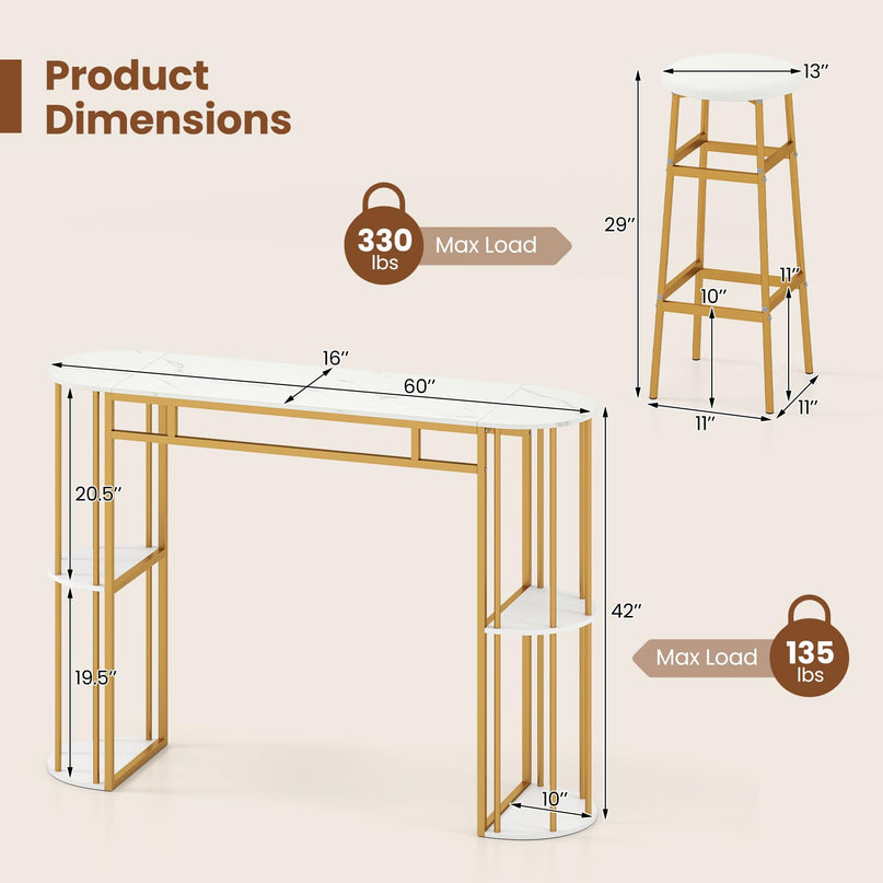 Giantex Tables de Pub 60" avec 2 Tabourets Rembourrés Ensemble Table à Manger pour Coin Repas Salle à Manger