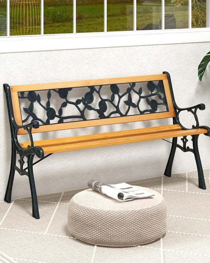 Giantex Outdoor Bench, 3-Person Park Bench with Slatted Seat, Curved Armrests, Floral Pattern Backrest
