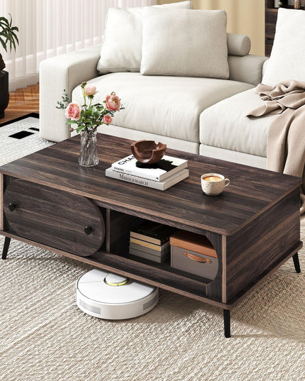 Giantex Mid Century Modern Coffee Table with Storage & Sliding Door