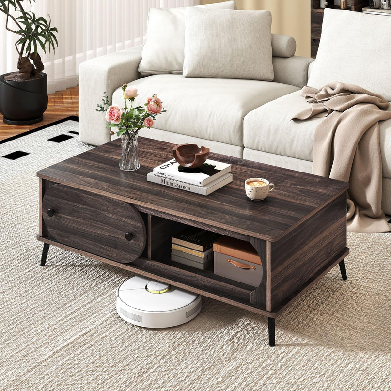 Giantex Mid Century Modern Coffee Table with Storage & Sliding Door