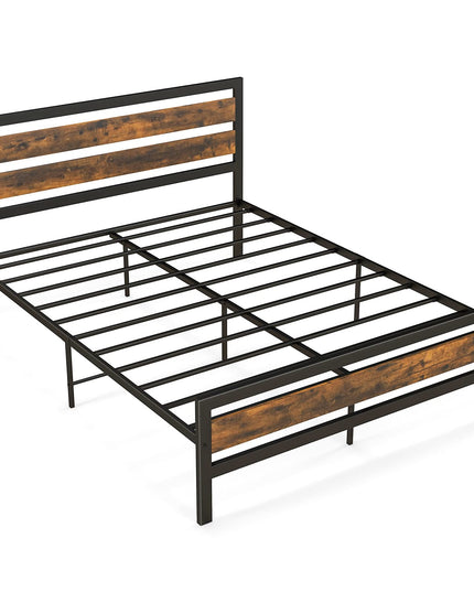 Giantex Queen Metal Platform Bed Frame with Wooden Headboard & Footboard, Rustic Brown