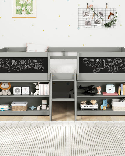 Giantex Low Loft Bed Twin Size, Wooden Loft Bed with Ladder & Blackboard