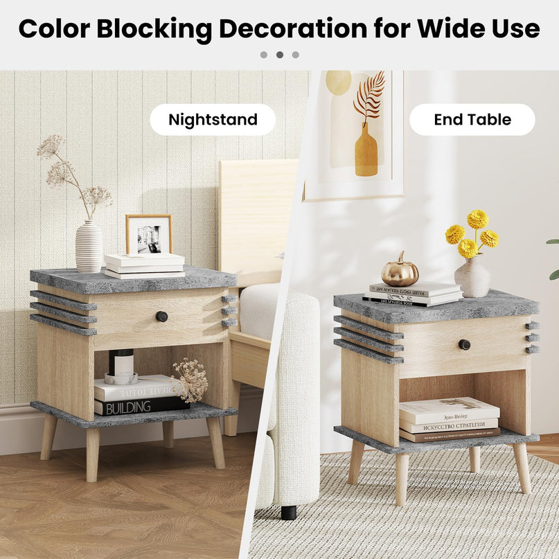 Giantex 3-Tier Modern Nightstand with Faux Marble Surface & Color Blocking Pattern
