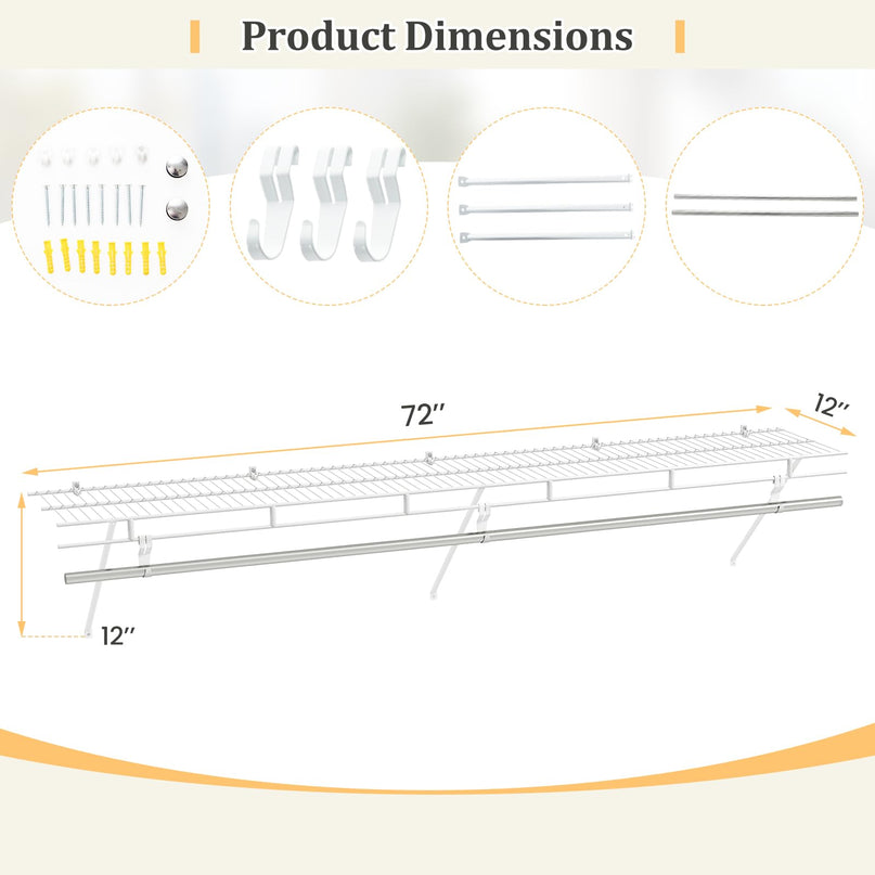 Giantex Closet Shelf with Hanging Rod 4/6 ft Wall Mounted Wire Shelving Kit