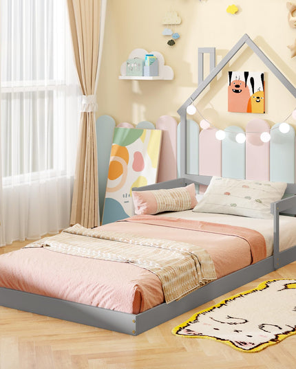 Giantex Twin Floor Bed for Kids, Wood Montessori Floor Bed with Chimney Headboard & Handrail