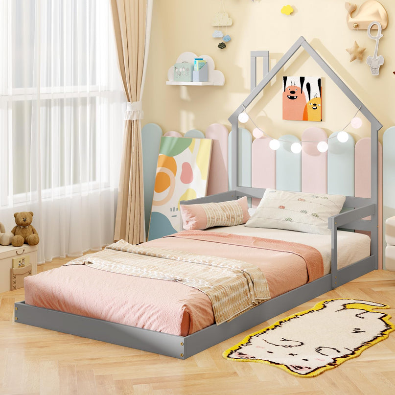 Giantex Twin Floor Bed for Kids, Wood Montessori Floor Bed with Chimney Headboard & Handrail